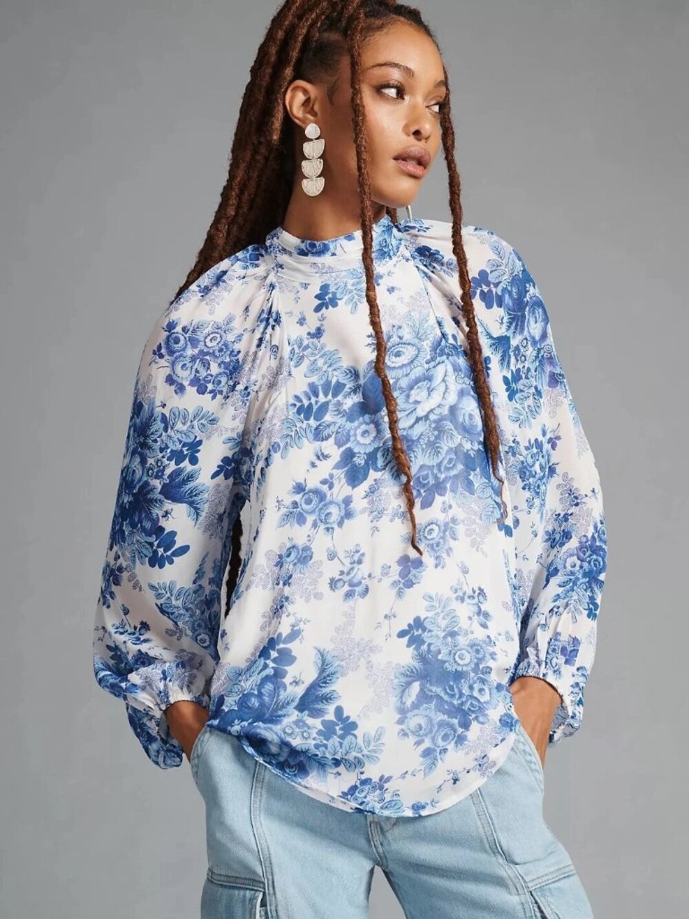 Anthropologie Maeve Sheer Tunic Blouse Blue & White Floral Long Sleeve Size S